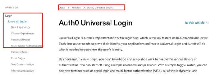 A screenshot of Auth0’s docs, showing that the breadcrumbs and sidebar navigation do not match