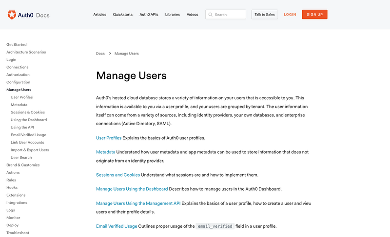 Screenshot of Auth0 Docs navigation