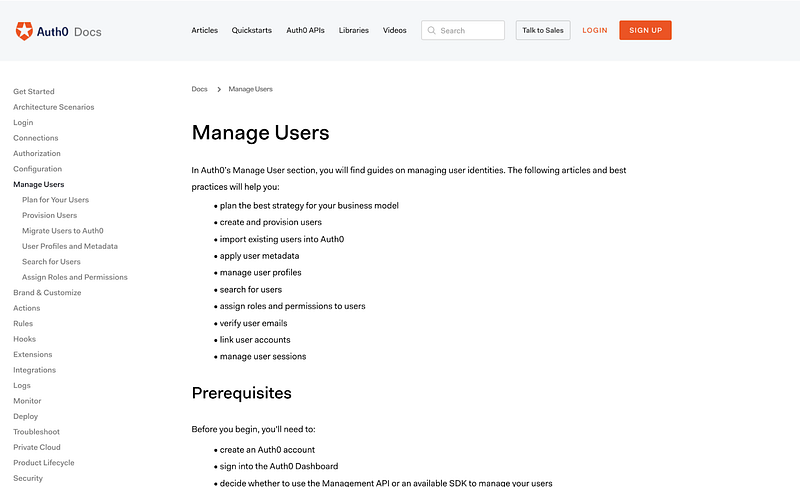 Screenshot of Auth0 Docs proposed navigation