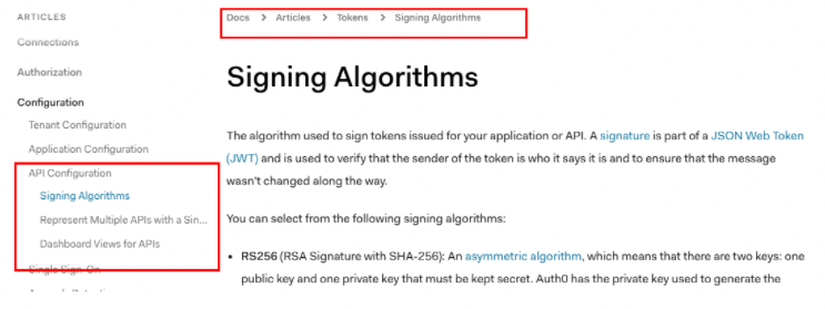 A screenshot of Auth0’s docs, showing that the breadcrumbs and sidebar navigation do not match