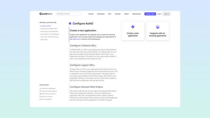 Users can create a new application directly from the Quickstart.