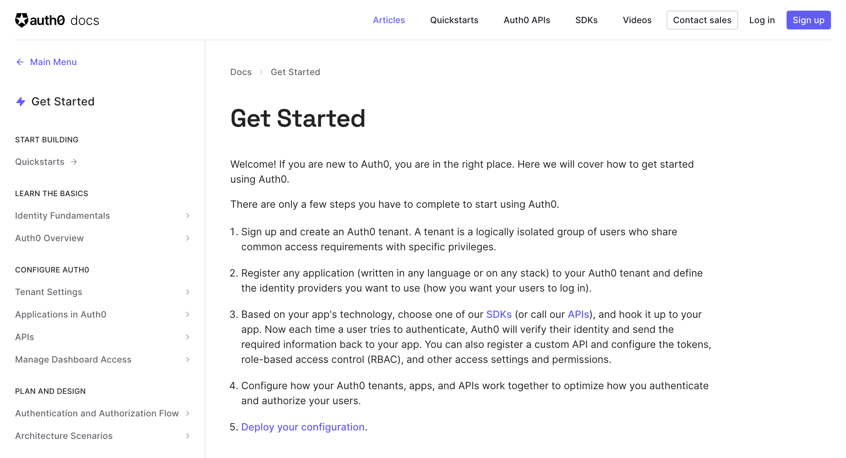 screenshot of the getting started page